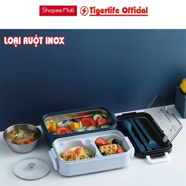 Hộp đựng cơm giữ nhiệt 2 tầng lúa mạch Tigerlife inox 304 và zon chống trào, tặng full đồ dùng 10