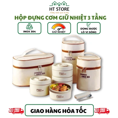 Hộp đựng cơm giữ nhiệt Lucky 3 tầng thép không gỉ 304 kèm túi Dễ mang văn phòng, giữ nóng lâu
