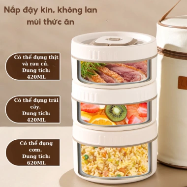 Hộp đựng cơm giữ nhiệt Lucky 3 tầng thép không gỉ 304 kèm túi Dễ mang văn phòng, giữ nóng lâu