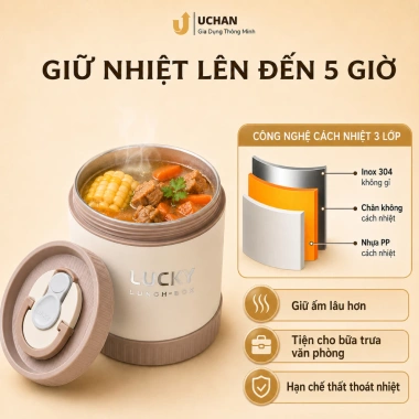 Hộp đựng cơm giữ nhiệt Lucky SP02 inox 304, chống tràn, chia ngăn - Giá 69.000₫