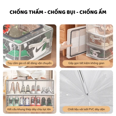 Hộp Đựng Giày Dép Gấp Gọn Vải Lưới PVC Dày, Khung Thép Chịu Lực, Ngăn Kéo, Khóa Kín Chống Bụi