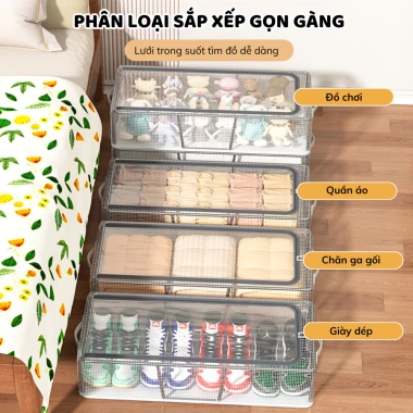 Hộp Đựng Giày Dép Gấp Gọn Vải Lưới PVC Dày, Khung Thép Chịu Lực, Ngăn Kéo, Khóa Kín Chống Bụi