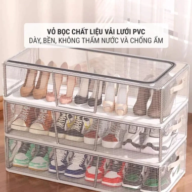 Hộp Đựng Giày Dép Gấp Gọn Vải Lưới PVC Dày, Khung Thép Chịu Lực, Ngăn Kéo, Khóa Kín Chống Bụi