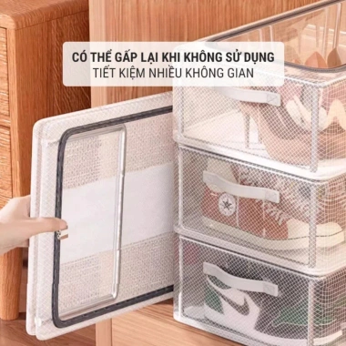 Hộp Đựng Giày Dép Gấp Gọn Vải Lưới PVC Dày, Khung Thép Chịu Lực, Ngăn Kéo, Khóa Kín Chống Bụi