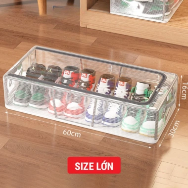 Hộp Đựng Giày Dép Gấp Gọn Vải Lưới PVC Dày, Khung Thép Chịu Lực, Ngăn Kéo, Khóa Kín Chống Bụi