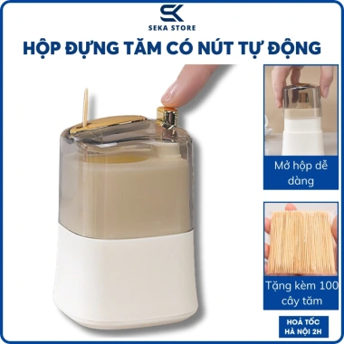 Hộp Đựng Tăm Xỉa Răng Hình Trụ Nhựa Cao Cấp - Bật Lên Tự Động, Nhấn Nút Đóng