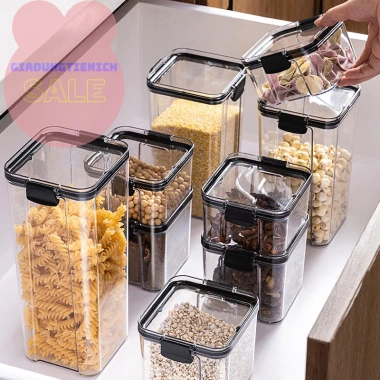 Hộp nhựa trong suốt đựng thực phẩm, trái cây sấy, nắp kín, xếp trồng, bảo quản ăn vặt, ngăn nắp bếp 38k