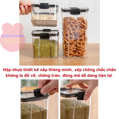 Hộp nhựa trong suốt đựng thực phẩm, trái cây sấy, nắp kín, xếp trồng, bảo quản ăn vặt, ngăn nắp bếp 38k