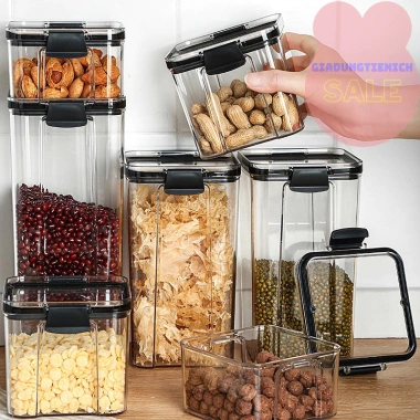 Hộp nhựa trong suốt đựng thực phẩm, trái cây sấy, nắp kín, xếp trồng, bảo quản ăn vặt, ngăn nắp bếp 38k