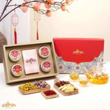 Hộp quà Tết Saffron, Đông trùng, táo đỏ, trà hoa cúc, mứt sen - 340.000đ