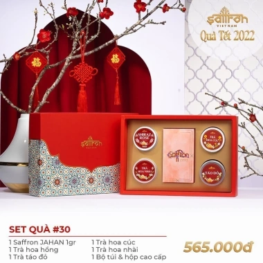 Hộp quà Tết Saffron, Đông trùng, táo đỏ, trà hoa cúc, mứt sen - 340.000đ