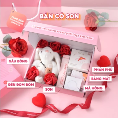 Hộp quà Valentine 14/2 cho bạn gái: trang điểm, túi quà, gấu bông, hoa sáp, đèn Menow Bunny Box - Giá ưu đãi 389k