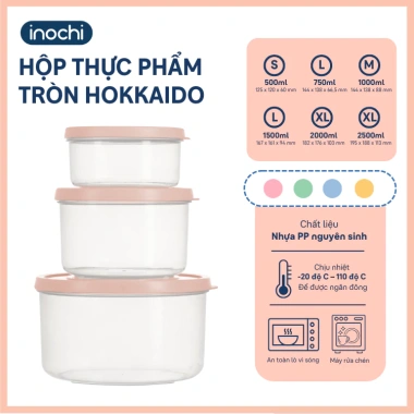 Hộp thực phẩm tròn Inochi Hokkaido 500‑2.500ml, nhiều màu, giá 21.750₫
