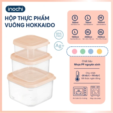 Hộp thực phẩm vuông Inochi Hokkaido đa size 500‑1.500ml, nắp cam hồng xanh trắng, an toàn, giảm giá 13.749₫ 2