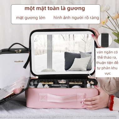 Hrold Cốp Makeup Hồng 26x23x11cm Đèn LED Gương Nhân, Túi Đựng Đồ Trang Điểm 3