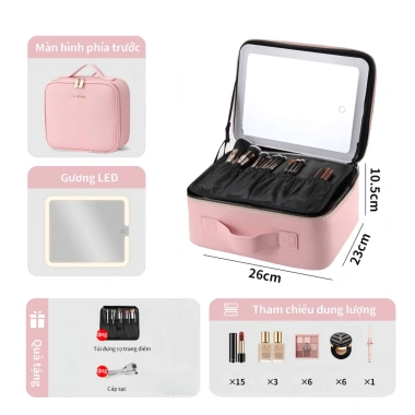Hrold Cốp Makeup Hồng 26x23x11cm Đèn LED Gương Nhân, Túi Đựng Đồ Trang Điểm 8