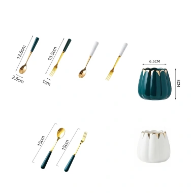 Hũ bí sứ kẻ vàng kim combo 6 muỗng 6 nĩa inox hoàng kim kèm cốc sứ giá chỉ 70.000 3