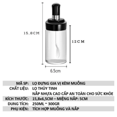 Hũ đựng gia vị thủy tinh 250ml kèm muỗng, lọ trong suốt, giá ưu đãi 13.500₫ 2