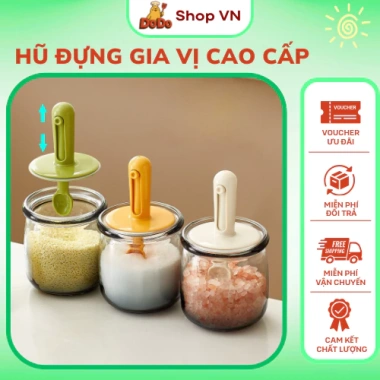 Hũ Đựng Gia Vị Thủy Tinh Cao Cấp DoDo - Kèm Muỗng, Nắp Kéo, Chống Ẩm, Giá 39.499₫