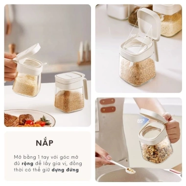 Hũ đựng gia vị vuông thủy tinh 300ml FEEKA có thìa chống ẩm - Giá chỉ 55.000₫