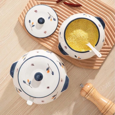 Hũ Đựng Mỡ Sứ Lazy Hoa Trắng Nền Xanh + Thìa Sứ - Mã DT250.500.501 - Giá 48.000₫