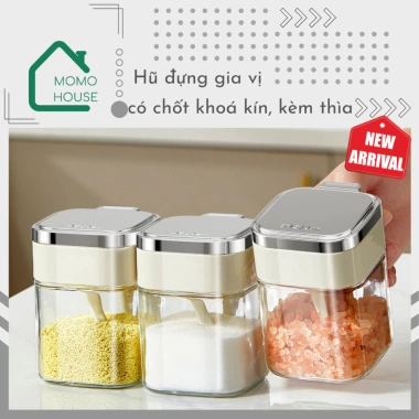 Hũ gia vị MOMO HOUSE 380ml cao cấp, chốt khóa kín kèm thìa, nắp mạ bạc