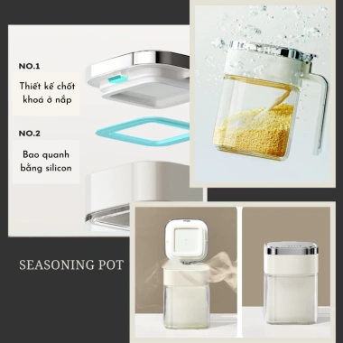 Hũ gia vị MOMO HOUSE 380ml cao cấp, chốt khóa kín kèm thìa, nắp mạ bạc