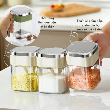 Hũ gia vị MOMO HOUSE 380ml cao cấp, chốt khóa kín kèm thìa, nắp mạ bạc 6 Hũ gia vị MOMO HOUSE 380ml cao cấp, chốt khóa kín kèm thìa, nắp mạ bạc 6