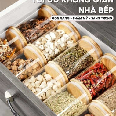 Hũ thủy tinh borosilicate nắp gỗ tre chịu nhiệt, chống ẩm mốc, đựng gia vị-28.000đ