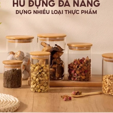 Hũ thủy tinh borosilicate nắp gỗ tre chịu nhiệt, chống ẩm mốc, đựng gia vị-28.000đ