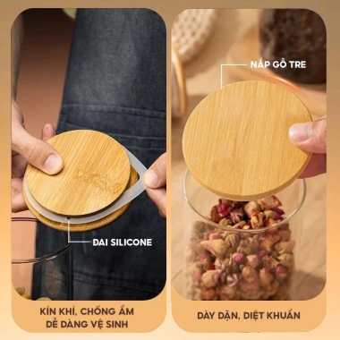 Hũ thủy tinh borosilicate nắp gỗ tre chịu nhiệt, chống ẩm mốc, đựng gia vị-28.000đ