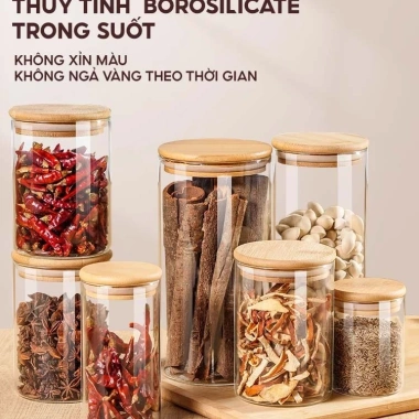 Hũ thủy tinh borosilicate nắp gỗ tre chịu nhiệt, chống ẩm mốc, đựng gia vị-28.000đ