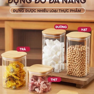 Hũ Thuỷ Tinh Đựng Gia Vị TOSUDO Nắp Gỗ Tre Kín Khí Borosilicate An Toàn 26k 7