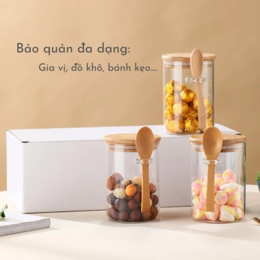 hũ thủy tinh kèm thìa gỗ, nắp gỗ kín - Đựng gia vị, bột canh, muối, thực phẩm khô - Giá chỉ 55k