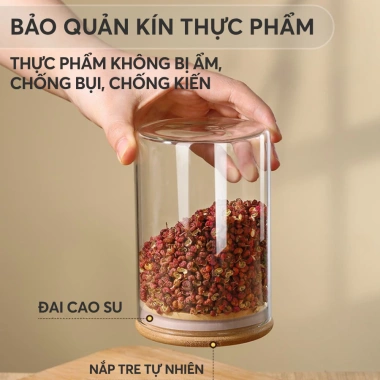 Hũ thuỷ tinh nắp gỗ tre chịu nhiệt, đậy kín thực phẩm, dung tích lớn PHALEDO