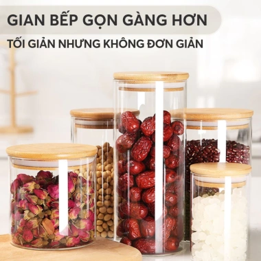 Hũ thuỷ tinh nắp gỗ tre chịu nhiệt, đậy kín thực phẩm, dung tích lớn PHALEDO 3