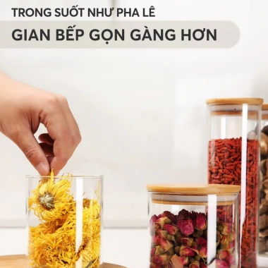 Hũ thuỷ tinh nắp gỗ tre chịu nhiệt, đậy kín thực phẩm, dung tích lớn PHALEDO 4