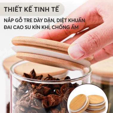 Hũ thuỷ tinh nắp gỗ tre chịu nhiệt, đậy kín thực phẩm, dung tích lớn PHALEDO 6