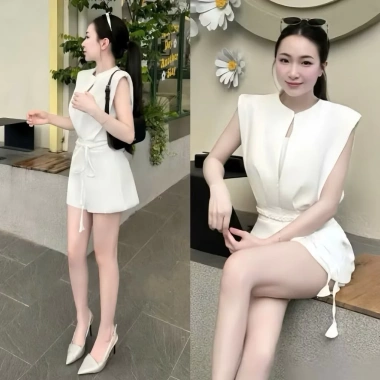 Jumsuit nữ cao cấp áo ống, dây nơ eo, set đồ Tết thời trang Doans - 435k