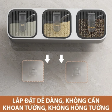 Kệ Đồ Gia Vị Dính Tường 3 Ngăn + Thìa, Hộp Chống ẩm Mốc Cao Cấp - Giá 98k