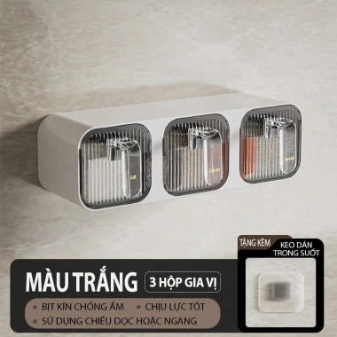 Kệ Đồ Gia Vị Dính Tường 3 Ngăn + Thìa, Hộp Chống ẩm Mốc Cao Cấp - Giá 98k