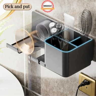 Kệ Đỡ Máy Sấy Tóc Dán Tường Nhựa PP Không Khoan Kèm Hộc Lưu Trữ Lược