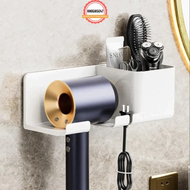 Kệ Đỡ Máy Sấy Tóc Dán Tường Nhựa PP Không Khoan Kèm Hộc Lưu Trữ Lược