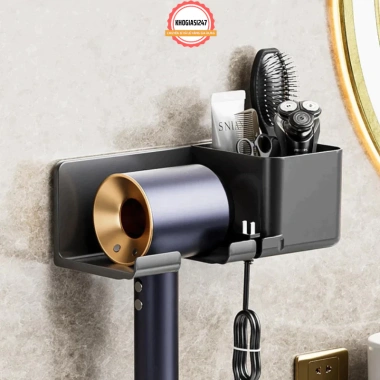 Kệ Đỡ Máy Sấy Tóc Dán Tường Nhựa PP Không Khoan Kèm Hộc Lưu Trữ Lược
