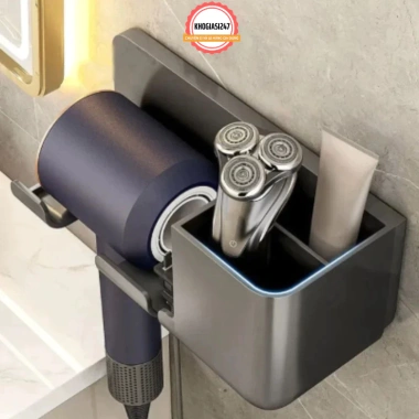 Kệ Đỡ Máy Sấy Tóc Dán Tường Nhựa PP Không Khoan Kèm Hộc Lưu Trữ Lược