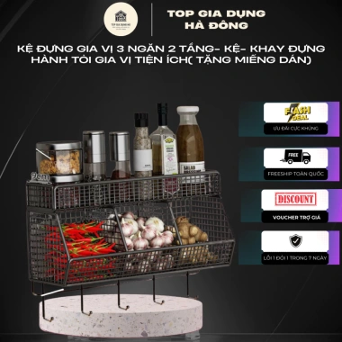 Kệ đựng gia vị 3 ngăn 2 tầng - Khay hành tỏi, tặng miếng dán, chỉ 10.000₫