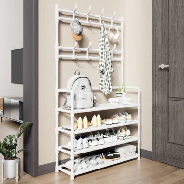 Kệ Giày 5 Tầng Đa Năng, 8 Móc Treo, Màn Che Chống Bụi, Tiện Lợi Gọn Gàng - 190.000₫