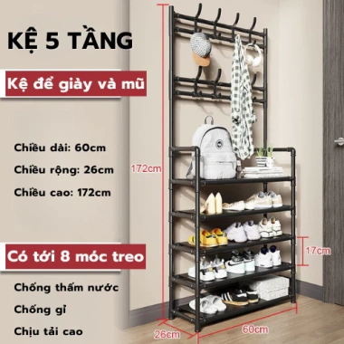 Kệ Giày 5 Tầng Đa Năng, 8 Móc Treo, Màn Che Chống Bụi, Tiện Lợi Gọn Gàng - 190.000₫