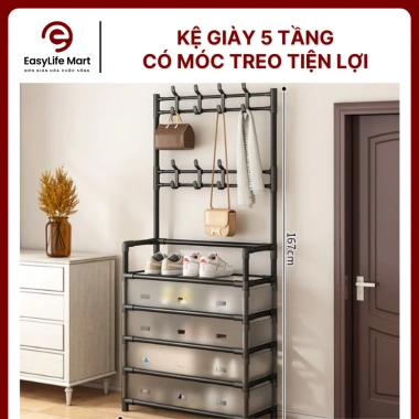 Kệ giày 5 tầng đa năng có 8 móc treo, màn che ngăn bụi, gọn gọn, tiện lợi cho gia đình giảm giá 190.000₫