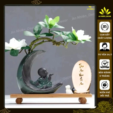 Kệ Gỗ Bình Bán Nguyệt Chú Tiểu và Hoa Đỗ Quyên, Chữ Thư Pháp - Trang Trí Góc Làm Việc và Phòng Khách, Tặng Phụ Kiện